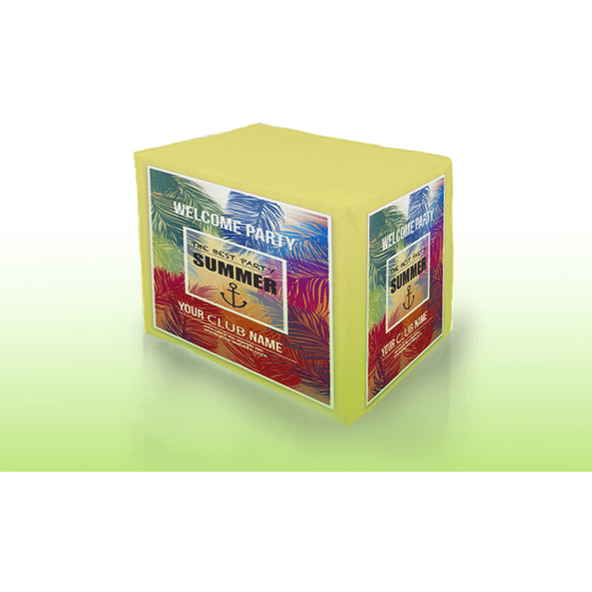 Square fitted tablecloth in yellow with a tropical design and a logo. Suitable for club events and parties.