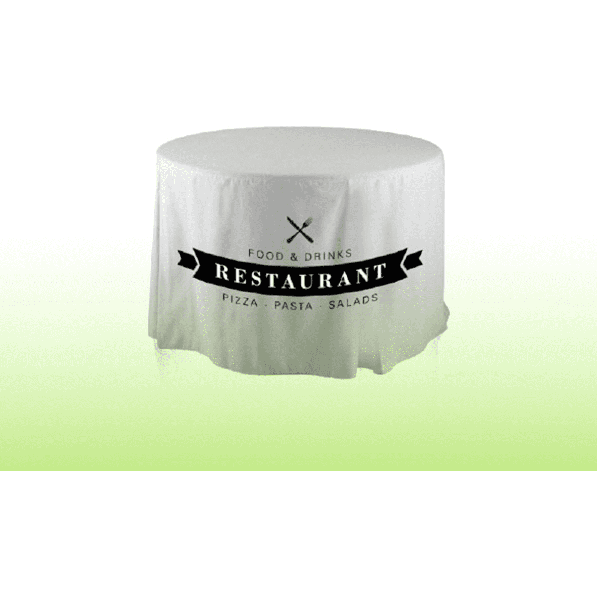 A round fitted tablecloth in white, featuring a logo and text for a restaurant.
