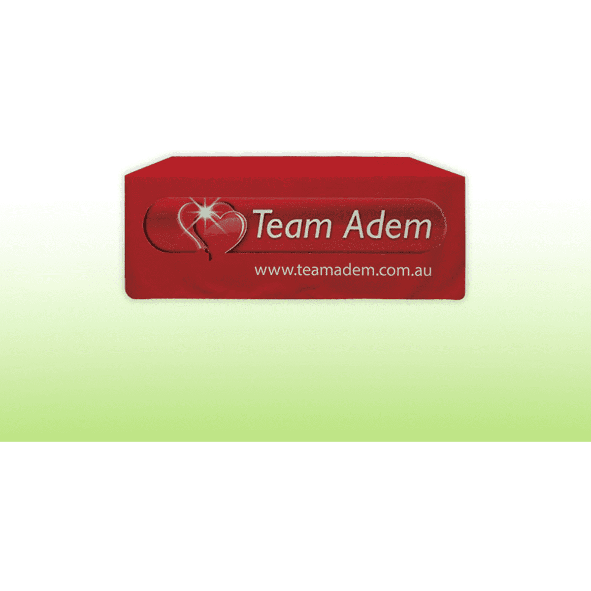 A red fitted tablecloth featuring a logo and smooth, wrinkle-free fabric.