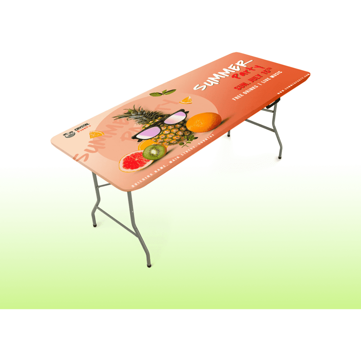 A tablecloth in hues of orange and pink, featuring tropical fruit designs on a rectangular table. It includes branding.