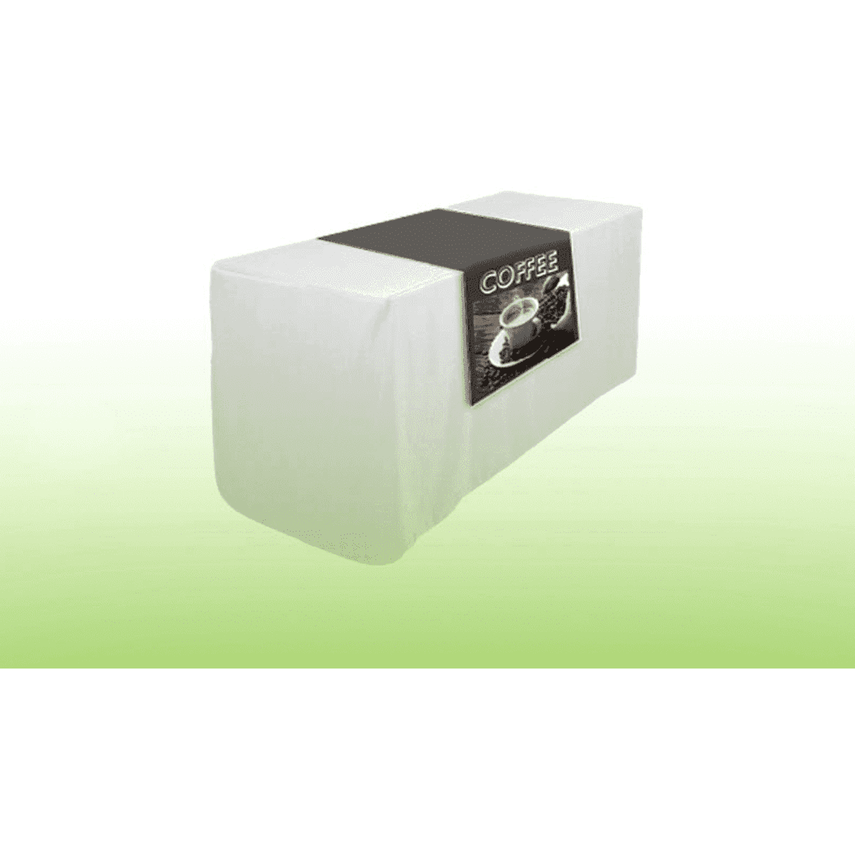 A rectangular white table runner tablecloth covers a table, featuring a logo and a coffee-themed design.