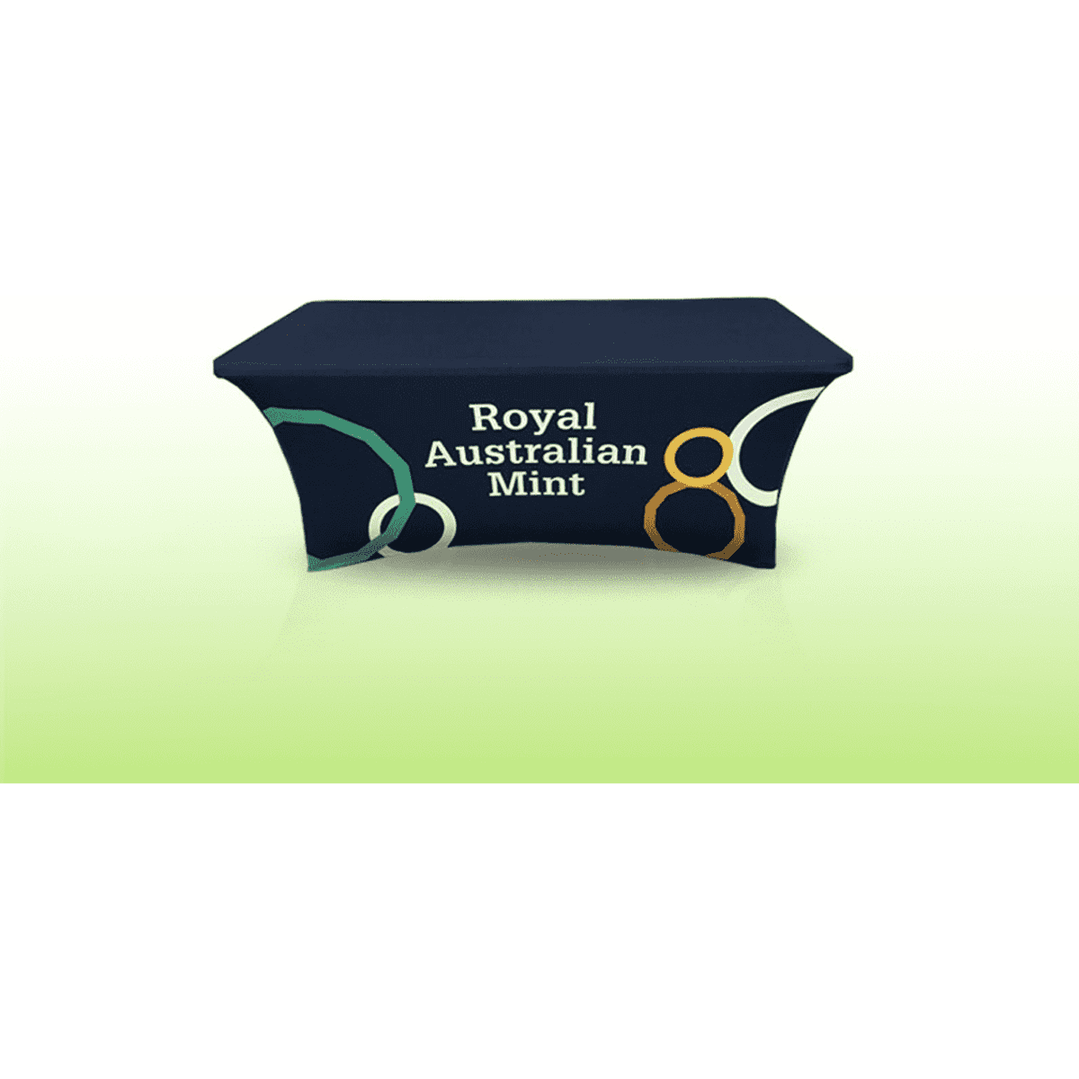 A fitted tablecloth in navy with a logo and colourful circular designs, suitable for table coverings.