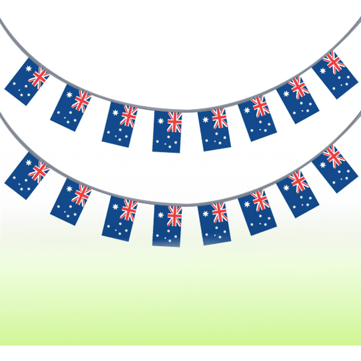 A row of blue vinyl banner flags featuring the Australian flag design, displayed in a festive arrangement.