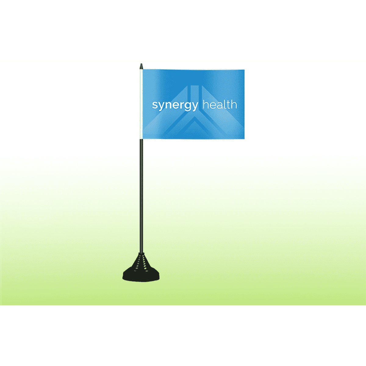 A small desk flag on a black stand featuring a blue and light blue banner with a logo.