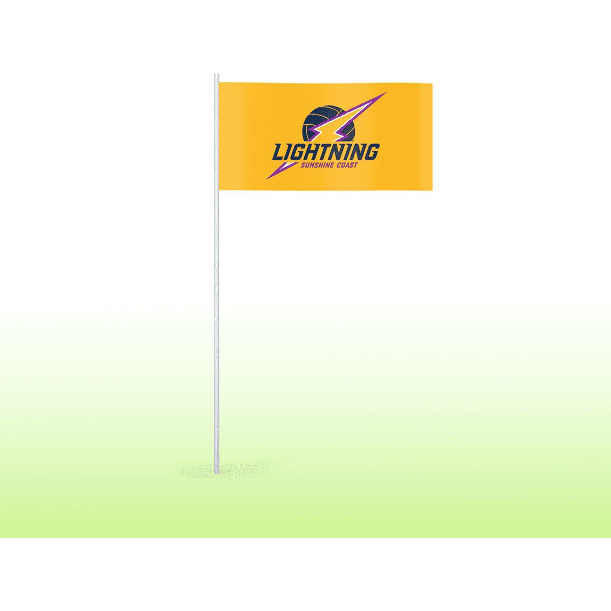 A yellow hand waver flag featuring a logo with a lightning design and text. The flag is mounted on a white pole.