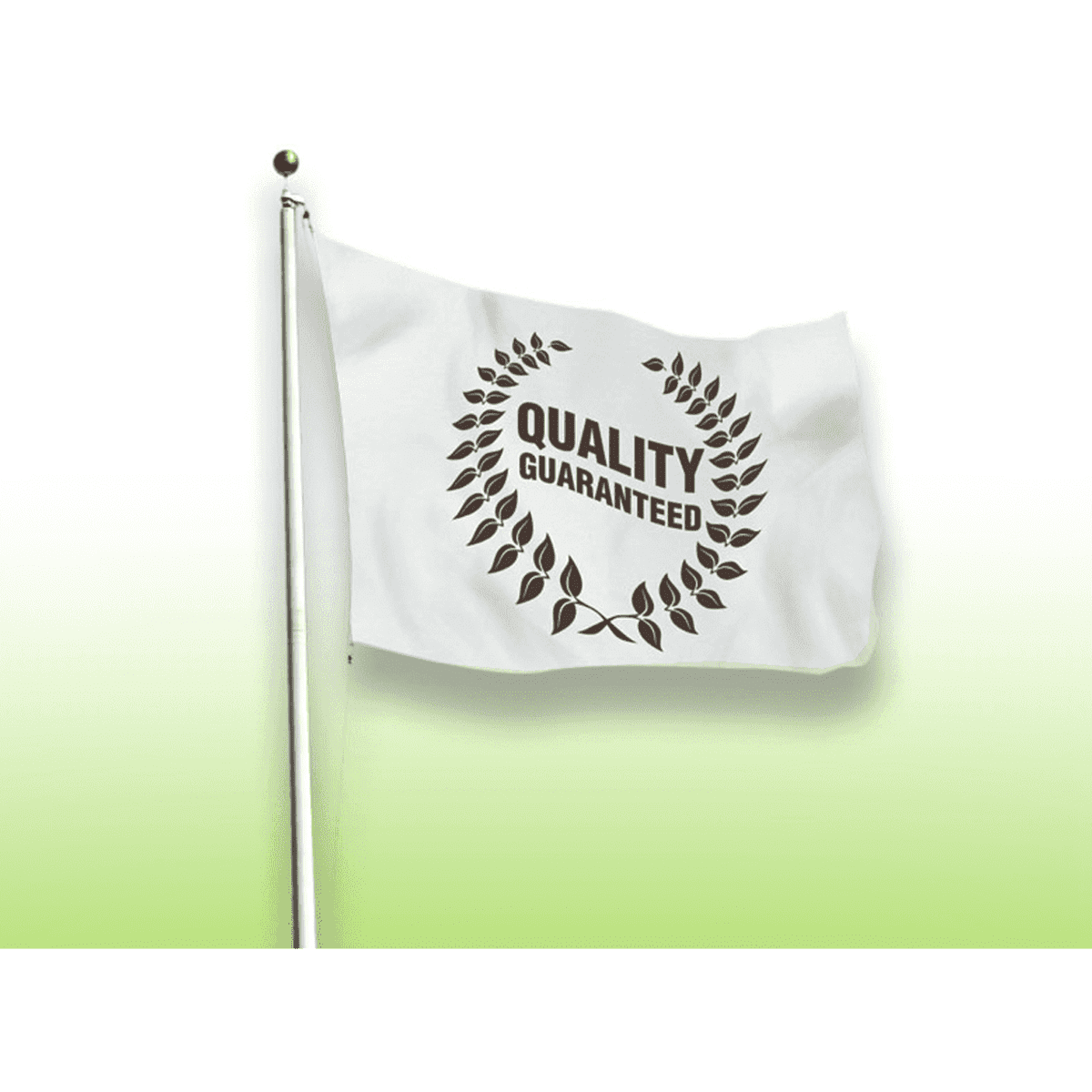 A white banner flag featuring a decorative leaf design and text, mounted on a silver pole.