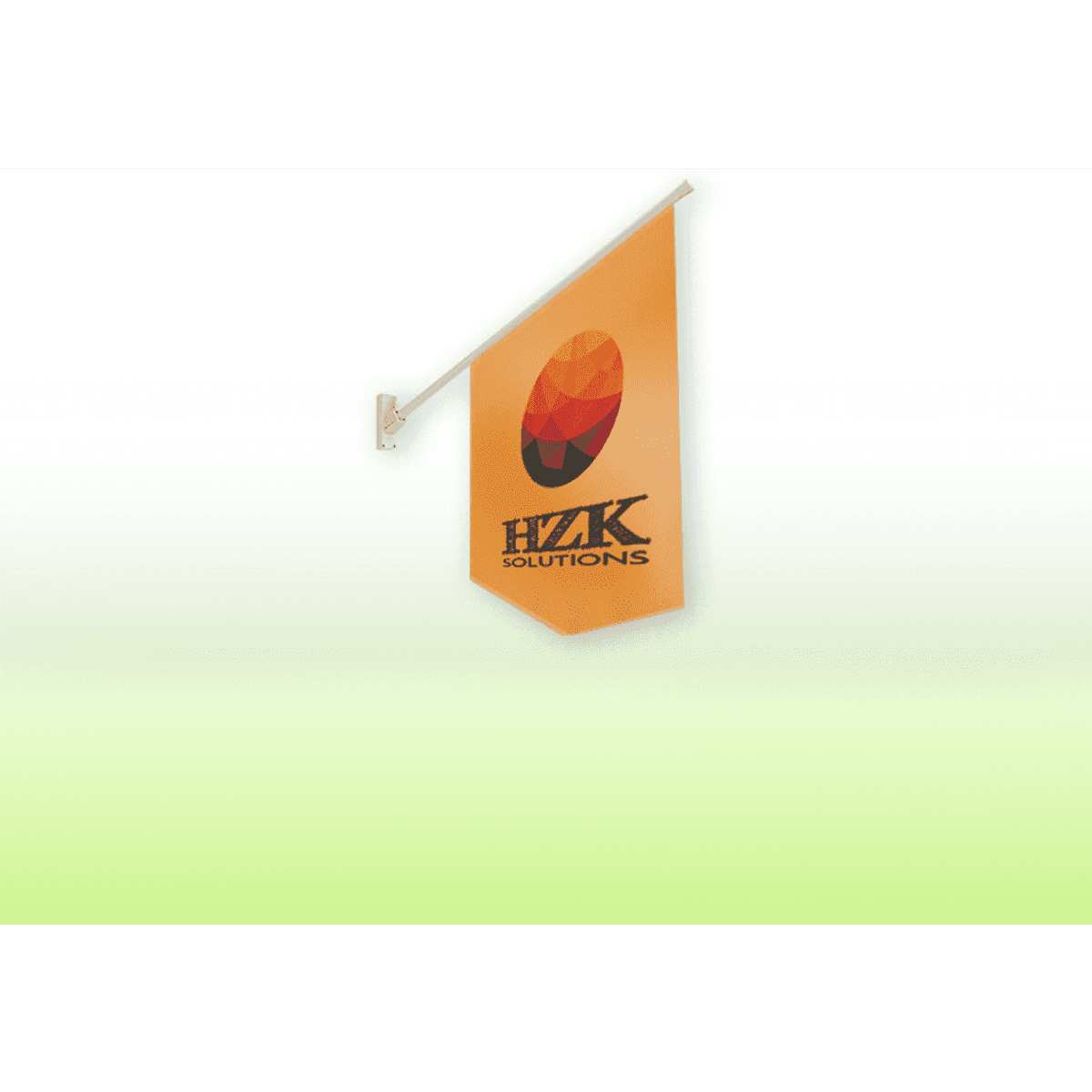 An orange banner flag features a logo and is mounted on a white wall bracket.
