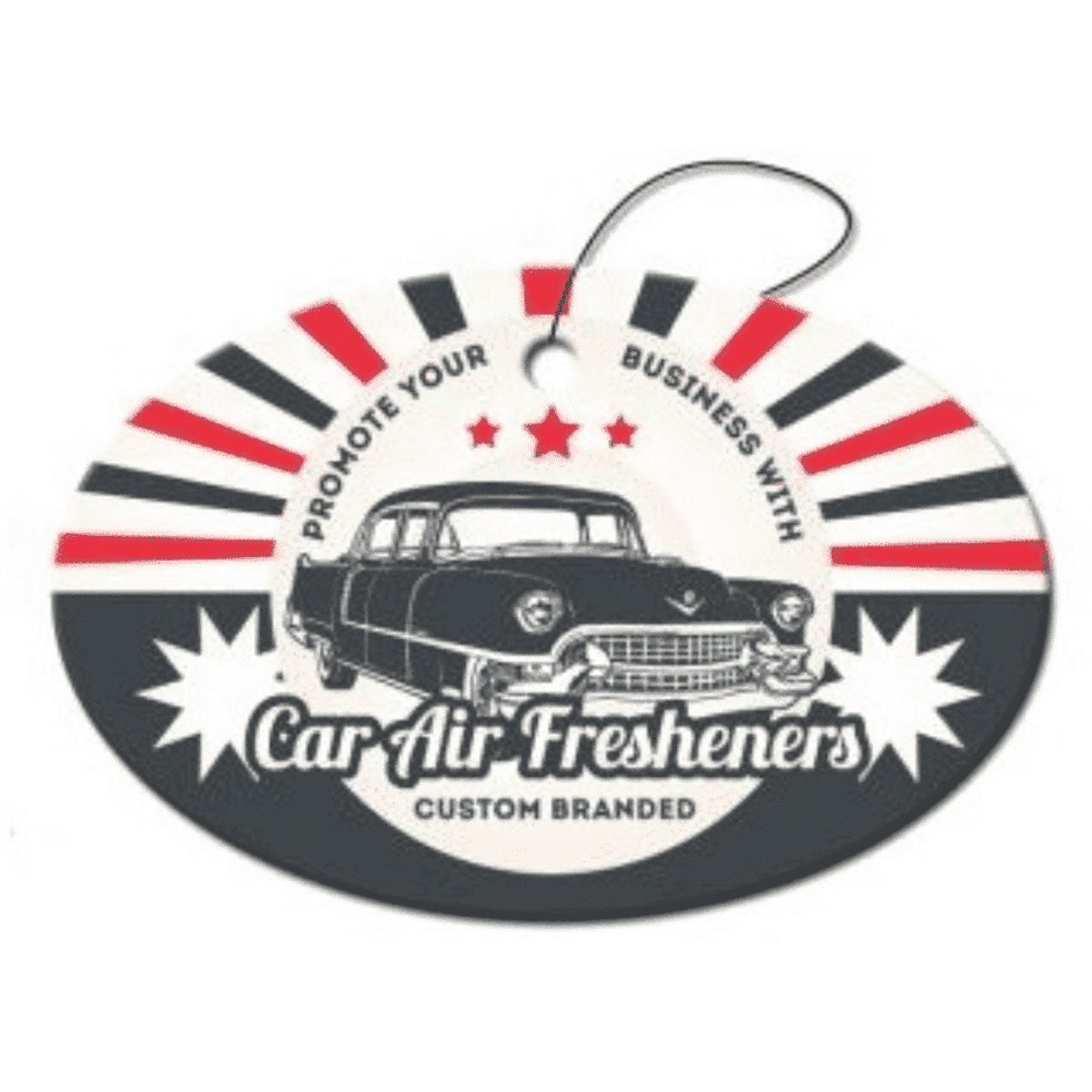 An oval-shaped air freshener featuring a classic car design with red, black, and white colours, along with a branding area.