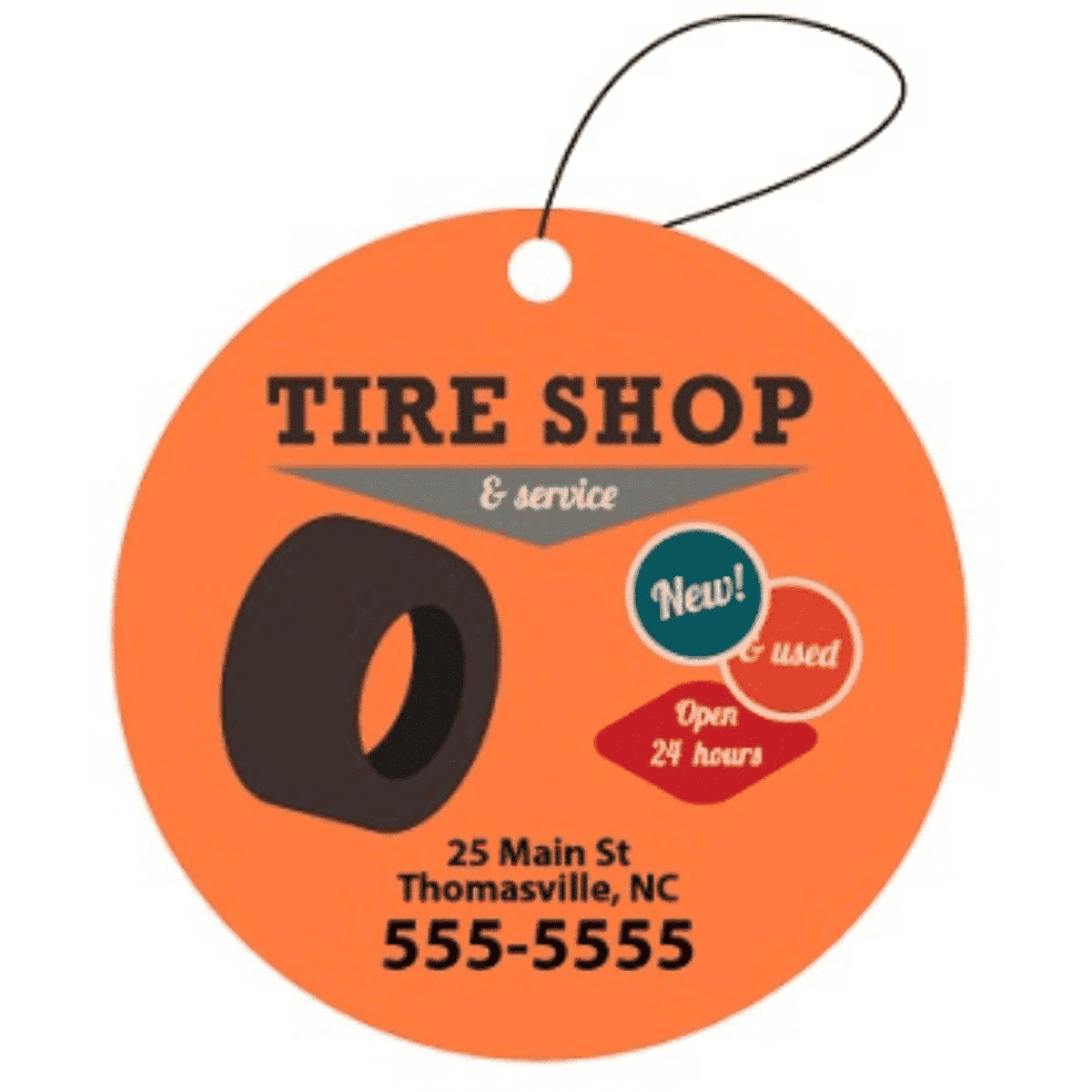 A circular air freshener in orange, printed double-sided with branding, depicting a tyre design.