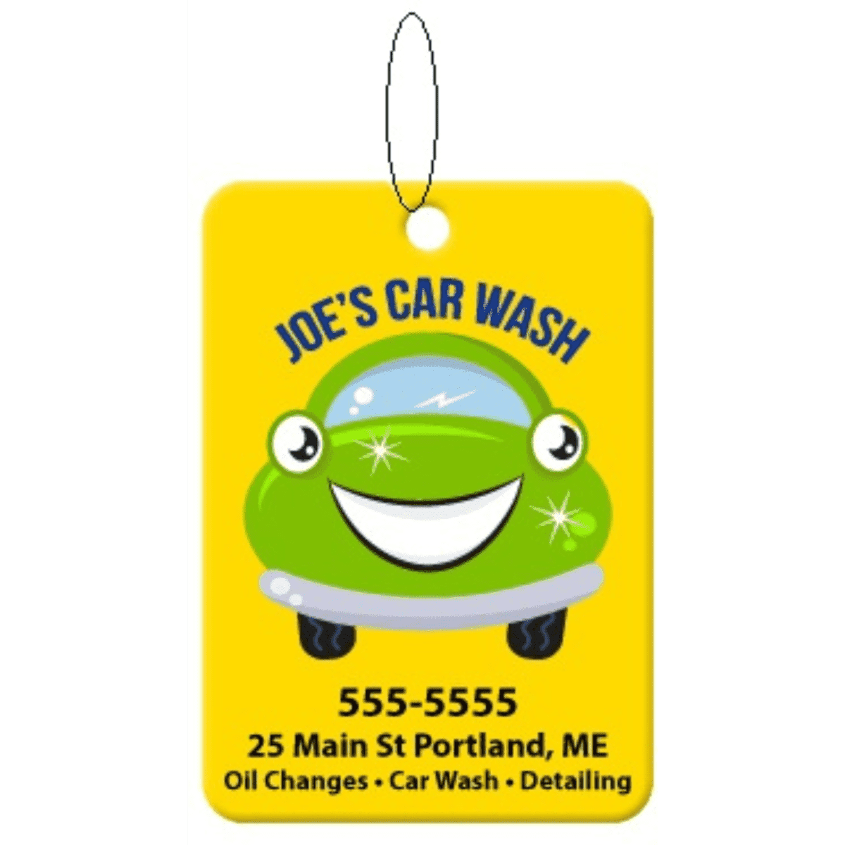A rectangular air freshener featuring a smiling green car illustration on a bright yellow background, with a logo.