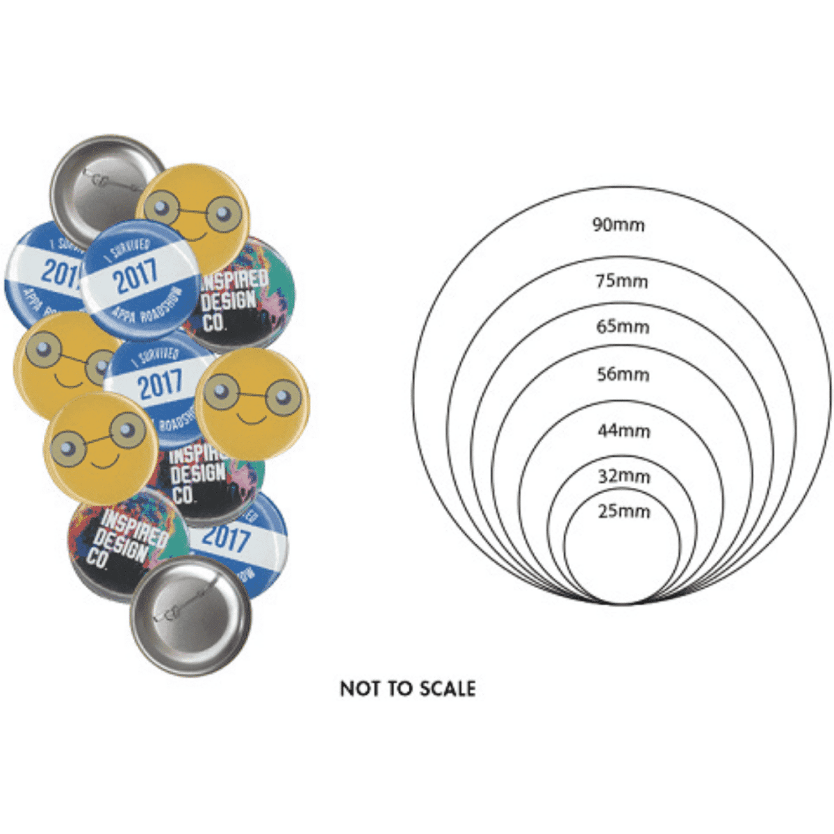 A collection of 25mm button badges in various designs and colours, featuring a logo and playful graphics.