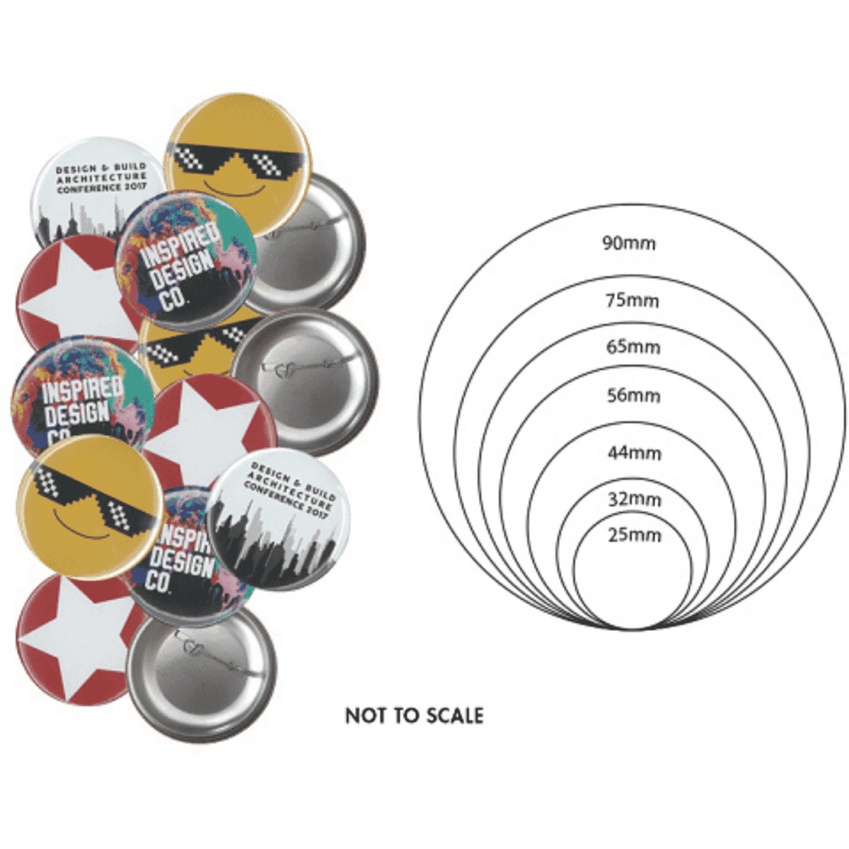 A collection of colourful 32mm button badges featuring various designs and a circular size guide.