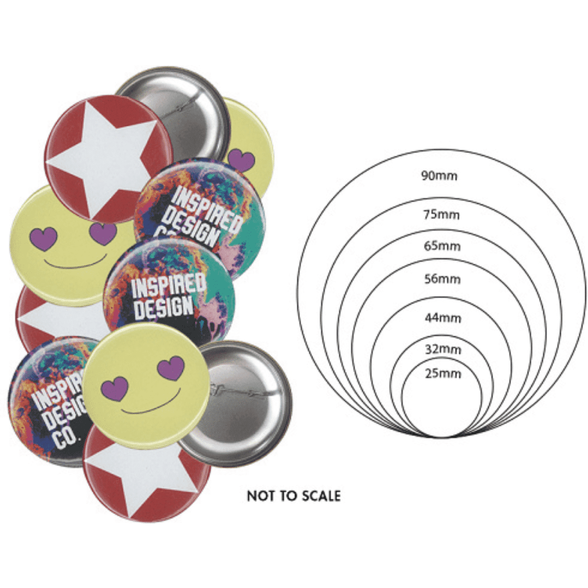 A collection of colourful button badges in various designs, featuring a glossy finish and a metal backing.