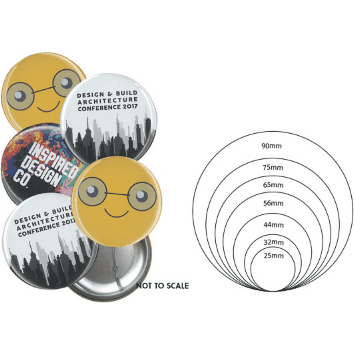 A collection of button badges in various designs and sizes, including one with a smiling face and an architectural skyline.