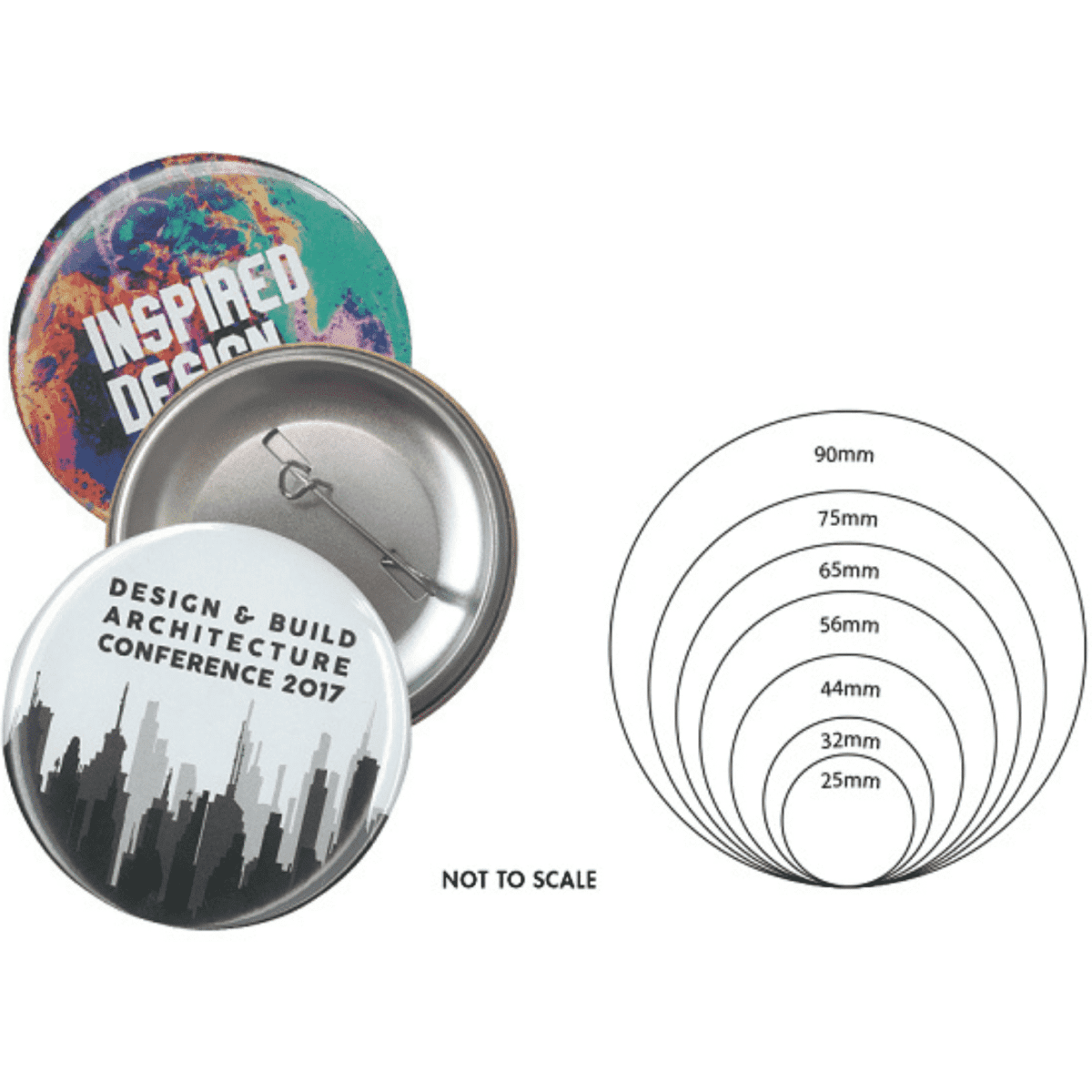 A 75mm button badge in two designs, featuring vibrant colours and a silver backing with a pin.