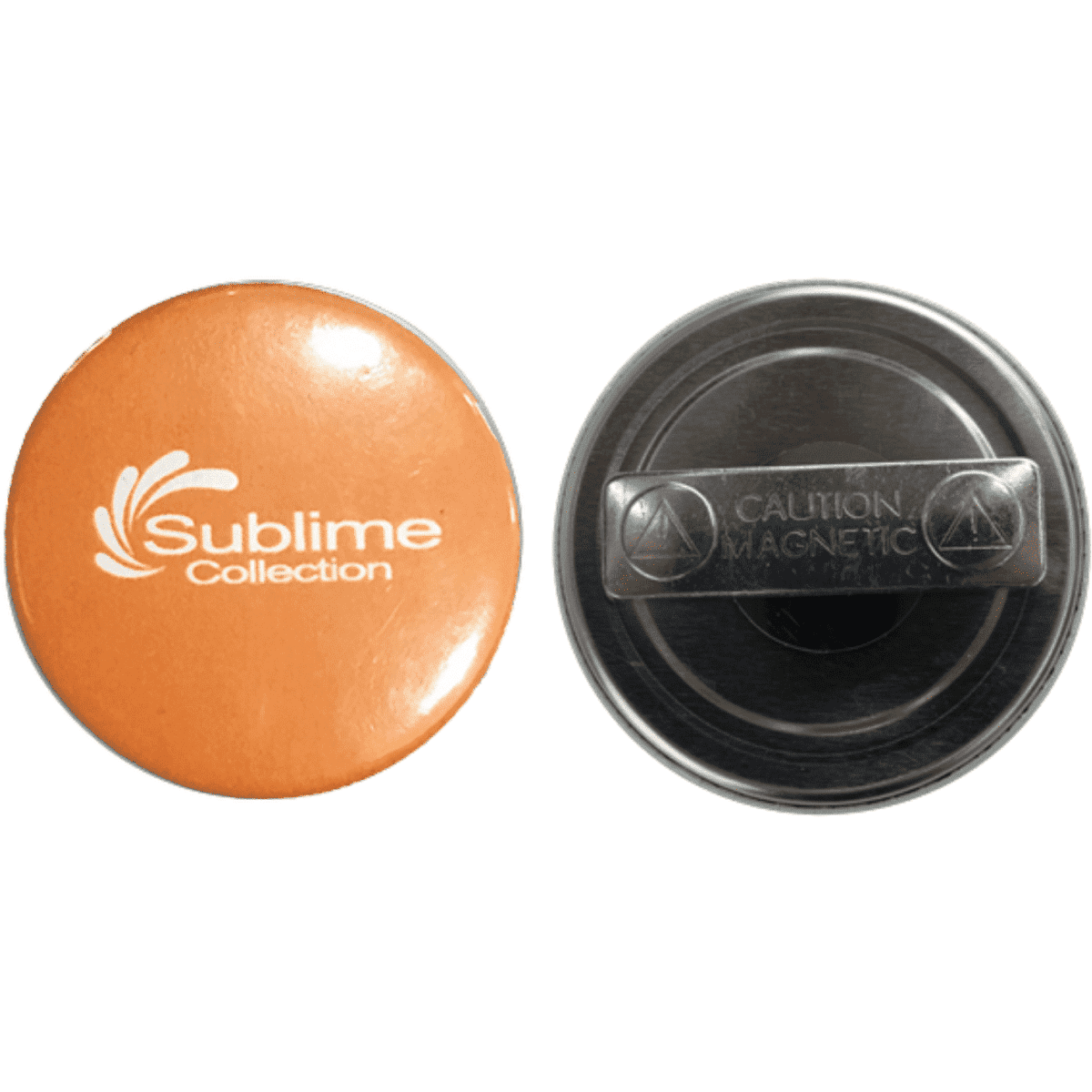 A 58mm button badge in orange, featuring a logo on one side and a magnetic back on the other side.