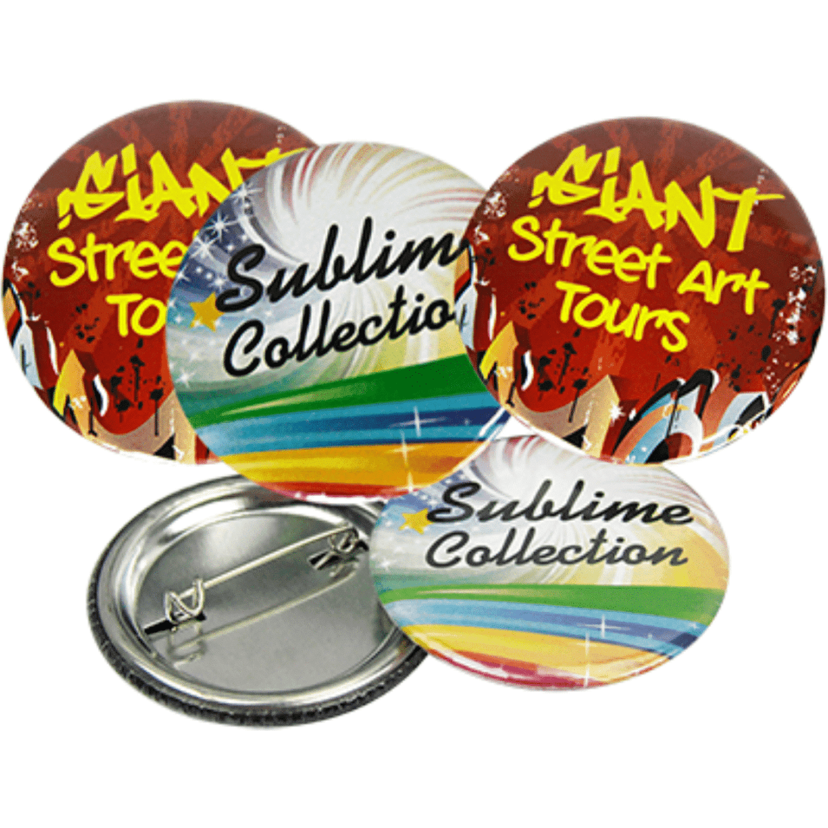 A set of colourful button badges featuring vibrant designs and a metal backing with a pin.