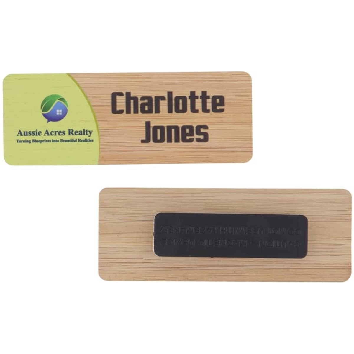 A bamboo staff badge with a brown base and a branded magnet, featuring a logo and personal name.