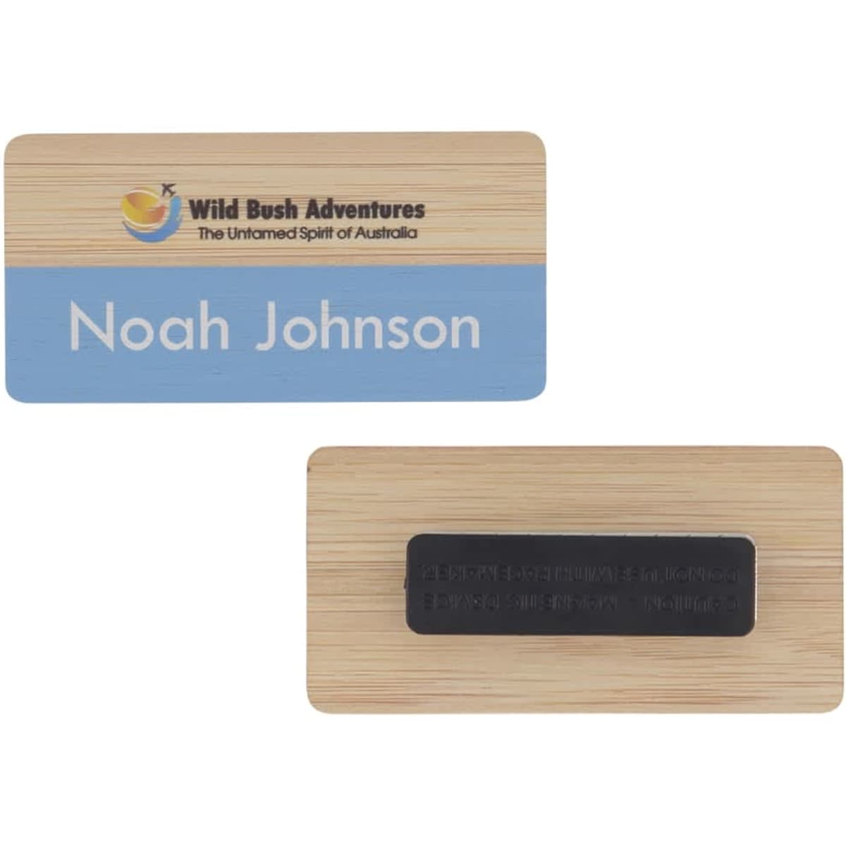 A bamboo staff badge with a blue section, featuring a logo and a black magnetic strip on the back.