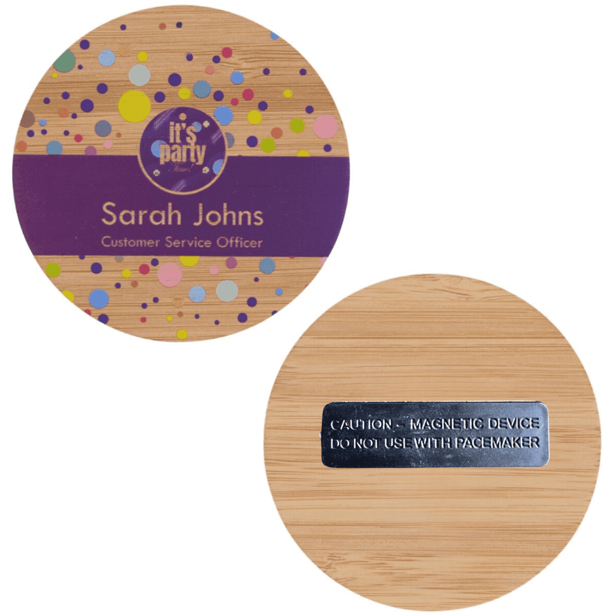 A round, 75mm bamboo tag featuring a colourful design on one side and a silver magnet on the reverse.