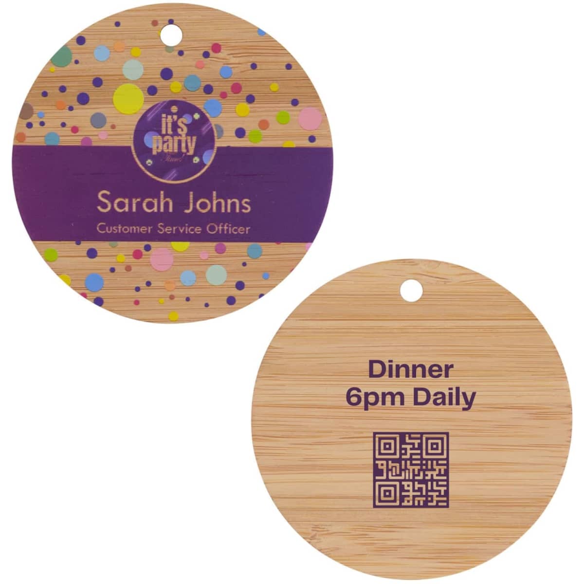 A round double-sided bamboo tag, 75mm in diameter, featuring a colourful design on one side and plain wood on the other with a logo.
