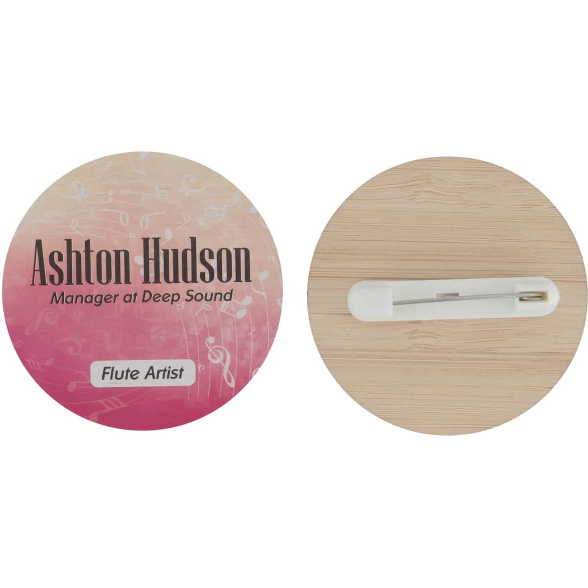 A round bamboo tag measuring 50mm, featuring a pin on one side and a gradient pink design on the other.