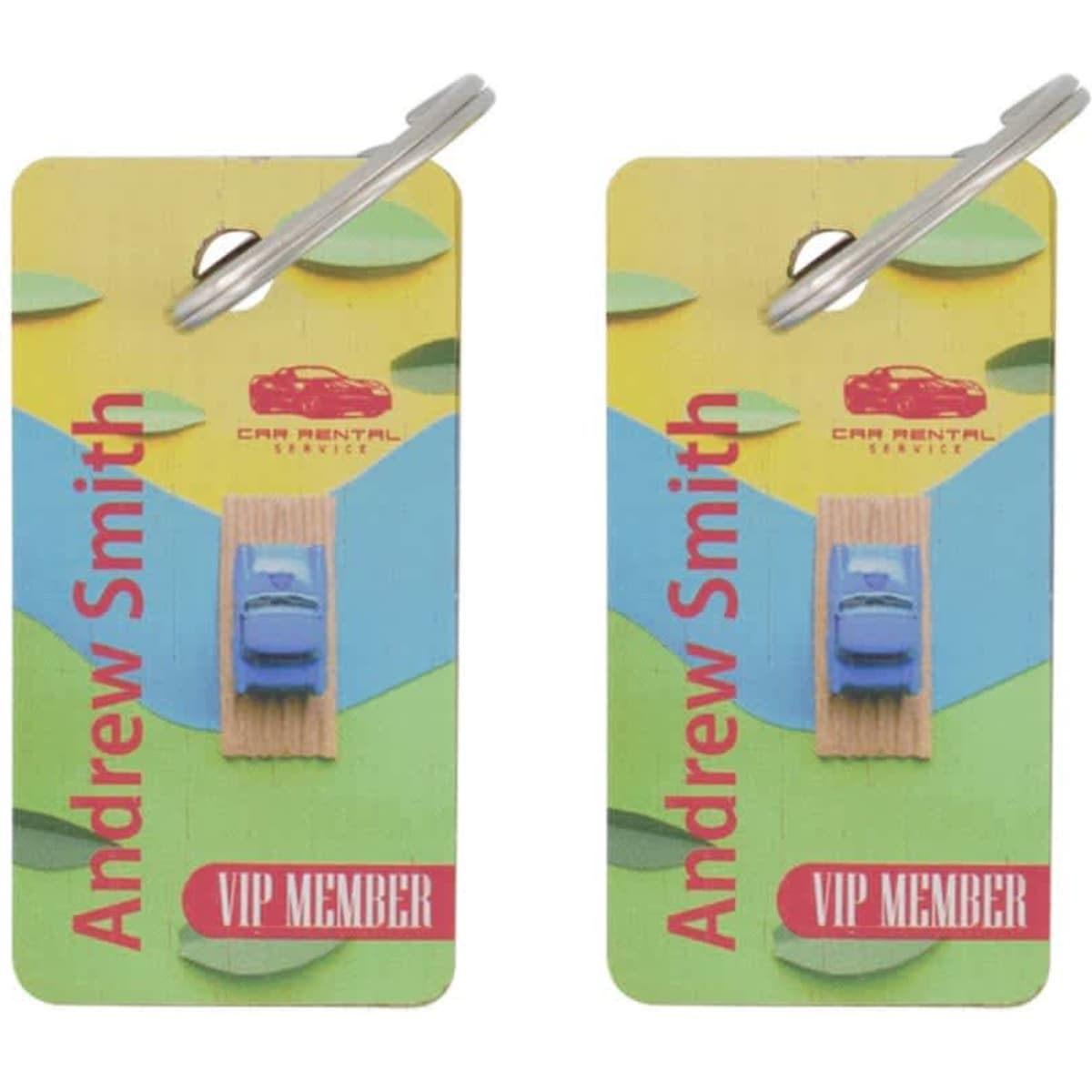 Two bamboo keytags measuring 54x28.5mm, featuring a hole for double-sided use and a blue toy car design.