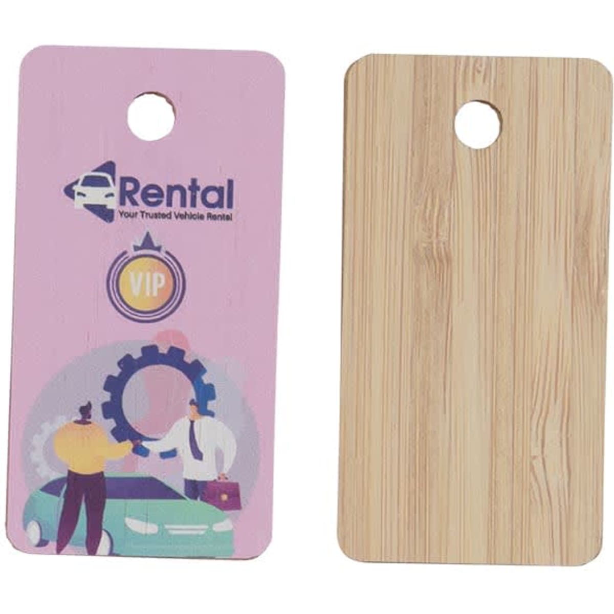 A bamboo keytag featuring a hole at the top, with a colourful design on one side and a plain bamboo finish on the other.