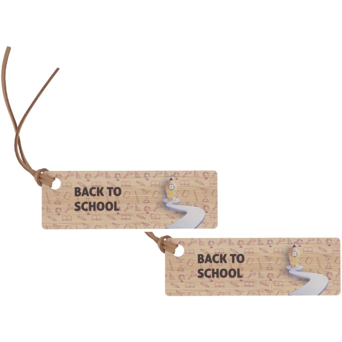 A bamboo bookmark, 40x120mm, featuring a double-sided design with a cord, in natural tones.