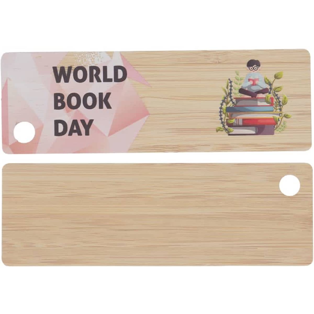 A bamboo bookmark featuring a hole on one side, decorated with a design for World Book Day.