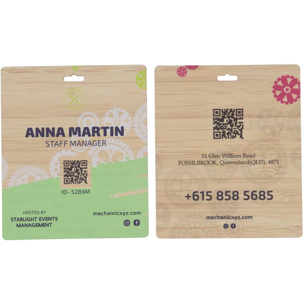 Bamboo tags in a natural finish, featuring a slot for attachment and a logo, with space for QR codes and contact details.