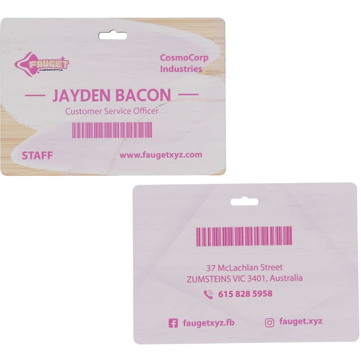A bamboo tag featuring pink elements, one slot, displaying a name and contact details on both sides.