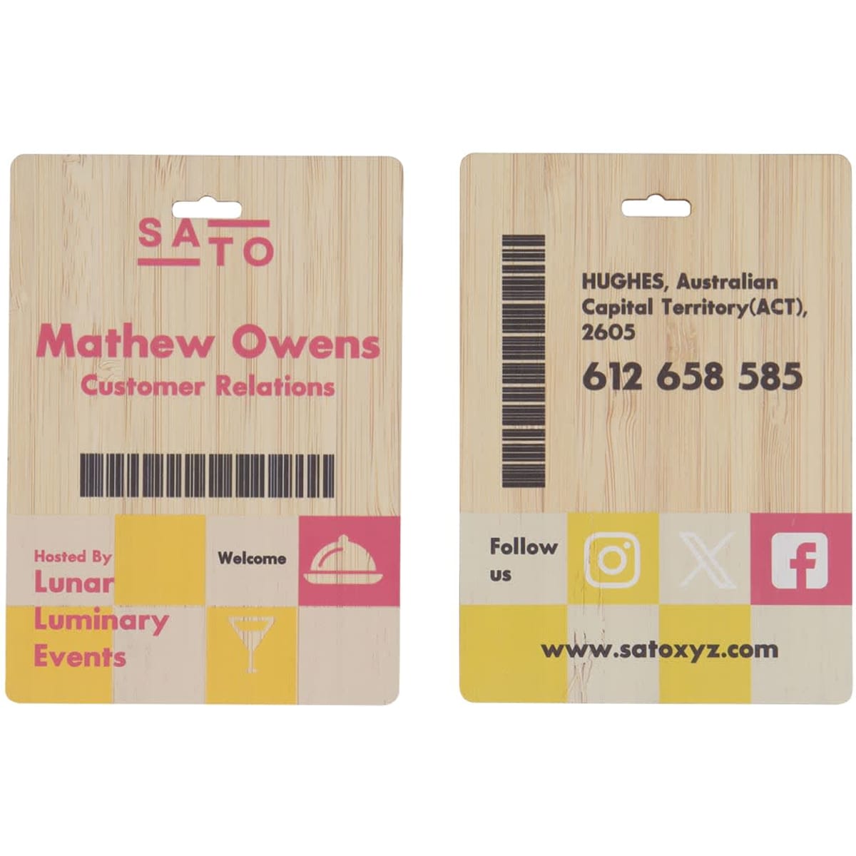 A bamboo tag, rectangular in shape, featuring a slot at the top, with a natural wood finish and printed details.