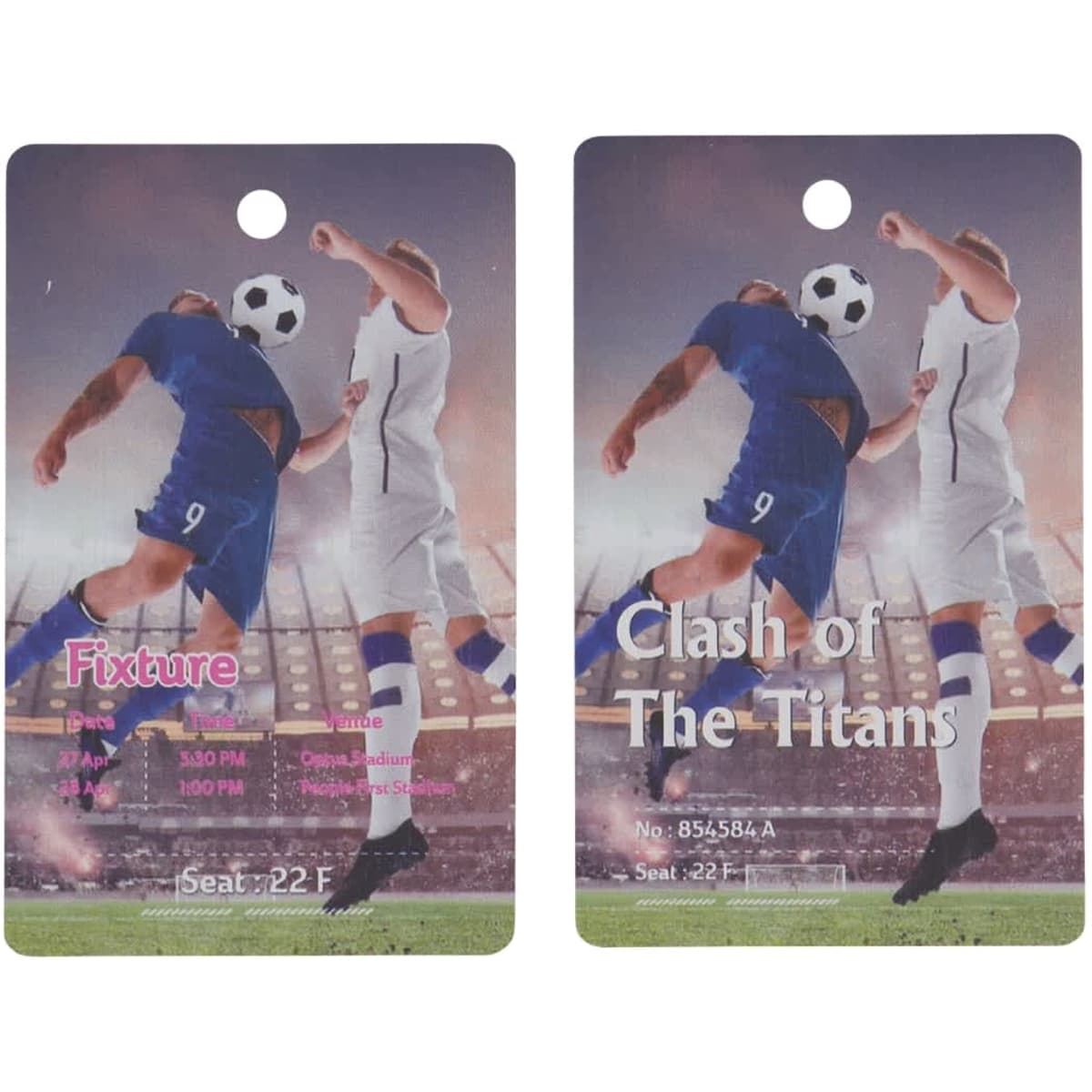A bamboo tag featuring a soccer scene, with a hole at the top, displaying vibrant colours and action.