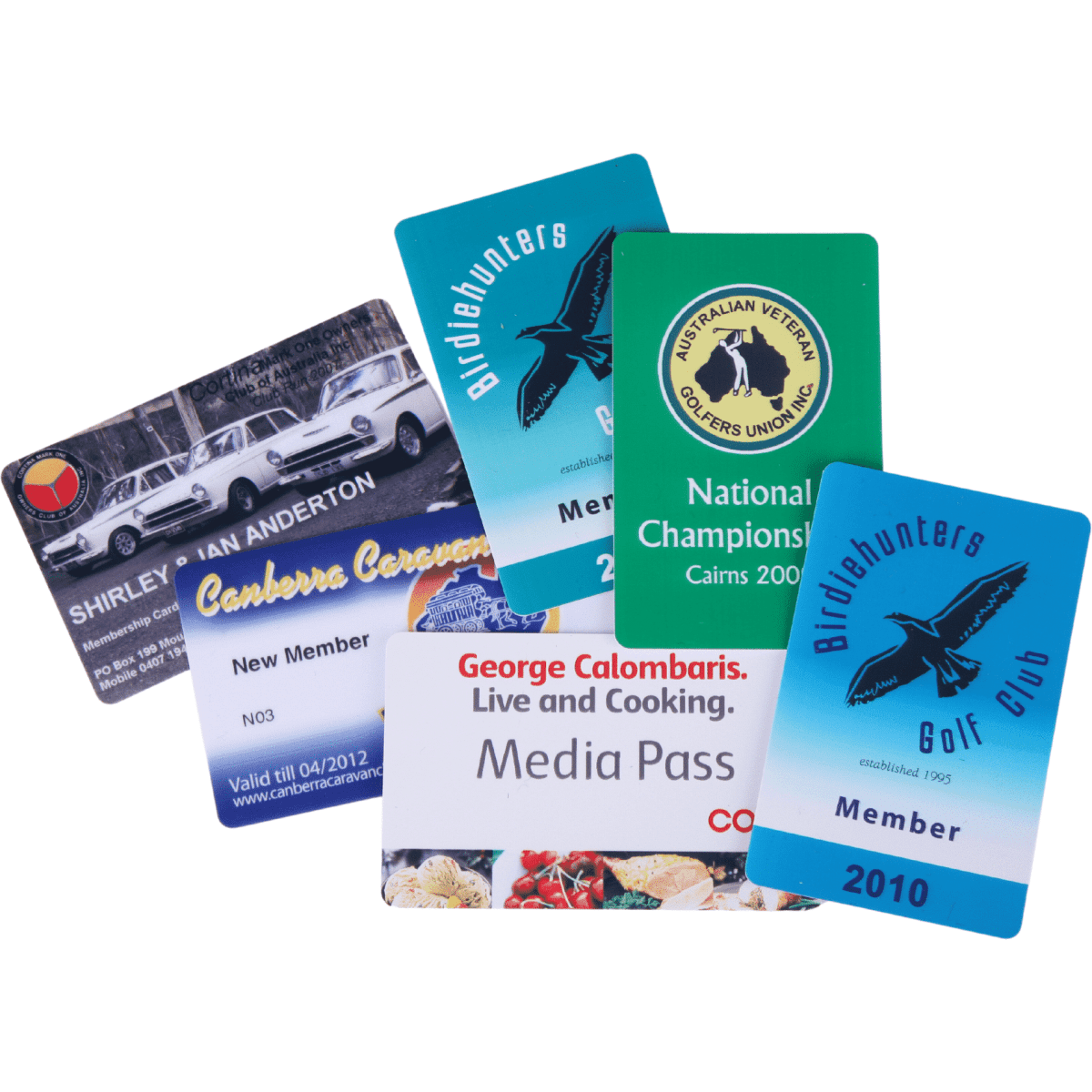 A collection of full-colour membership cards in various designs and colours, featuring logos and branding.