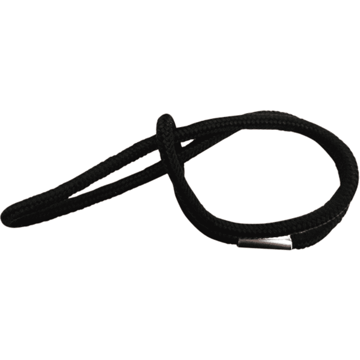 A black luggage loop made of braided material, featuring a silver end piece. Ideal for securing luggage tags.