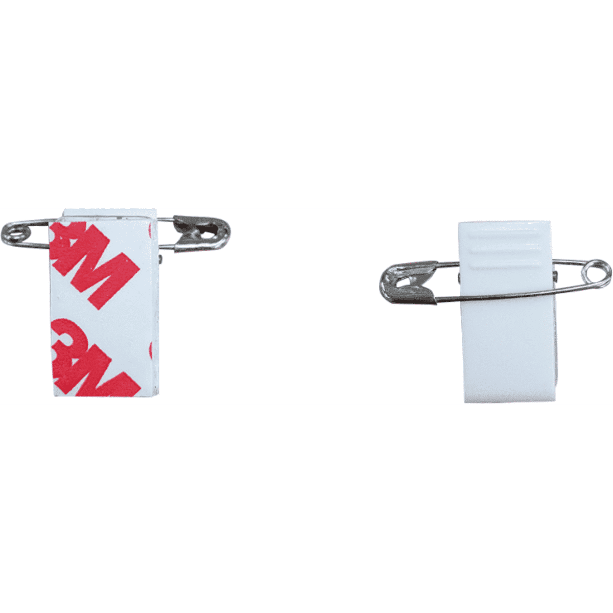 A self-adhesive clip in white with silver pins, featuring a logo.
