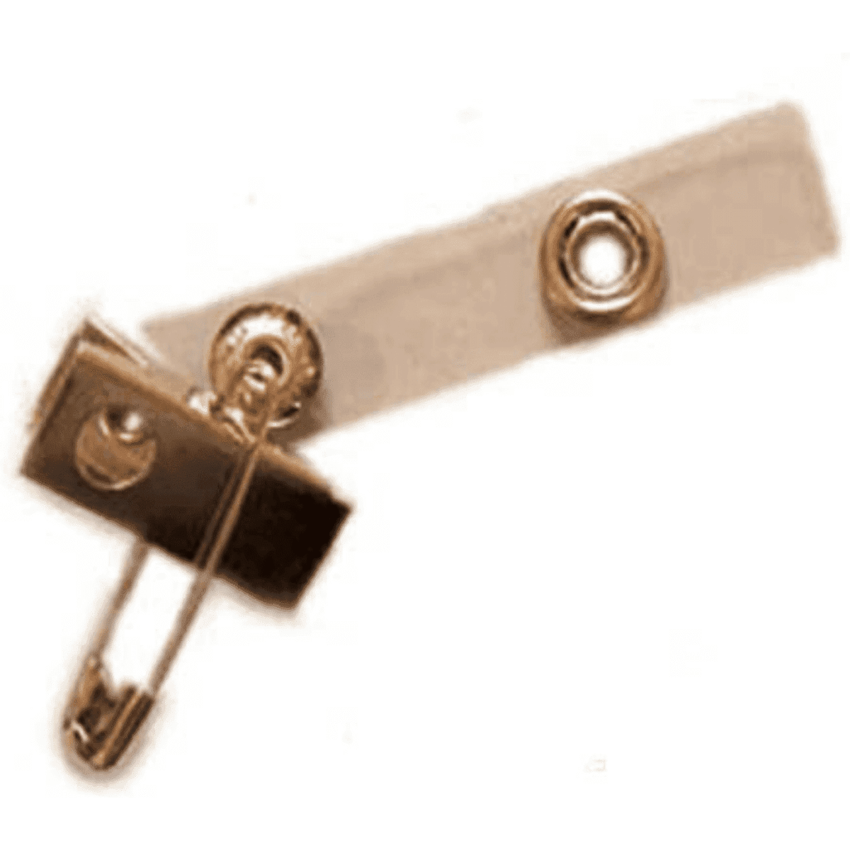 A loop plastic attachment featuring an alligator clip, pin, and a beige strap. Includes a circular metal button.