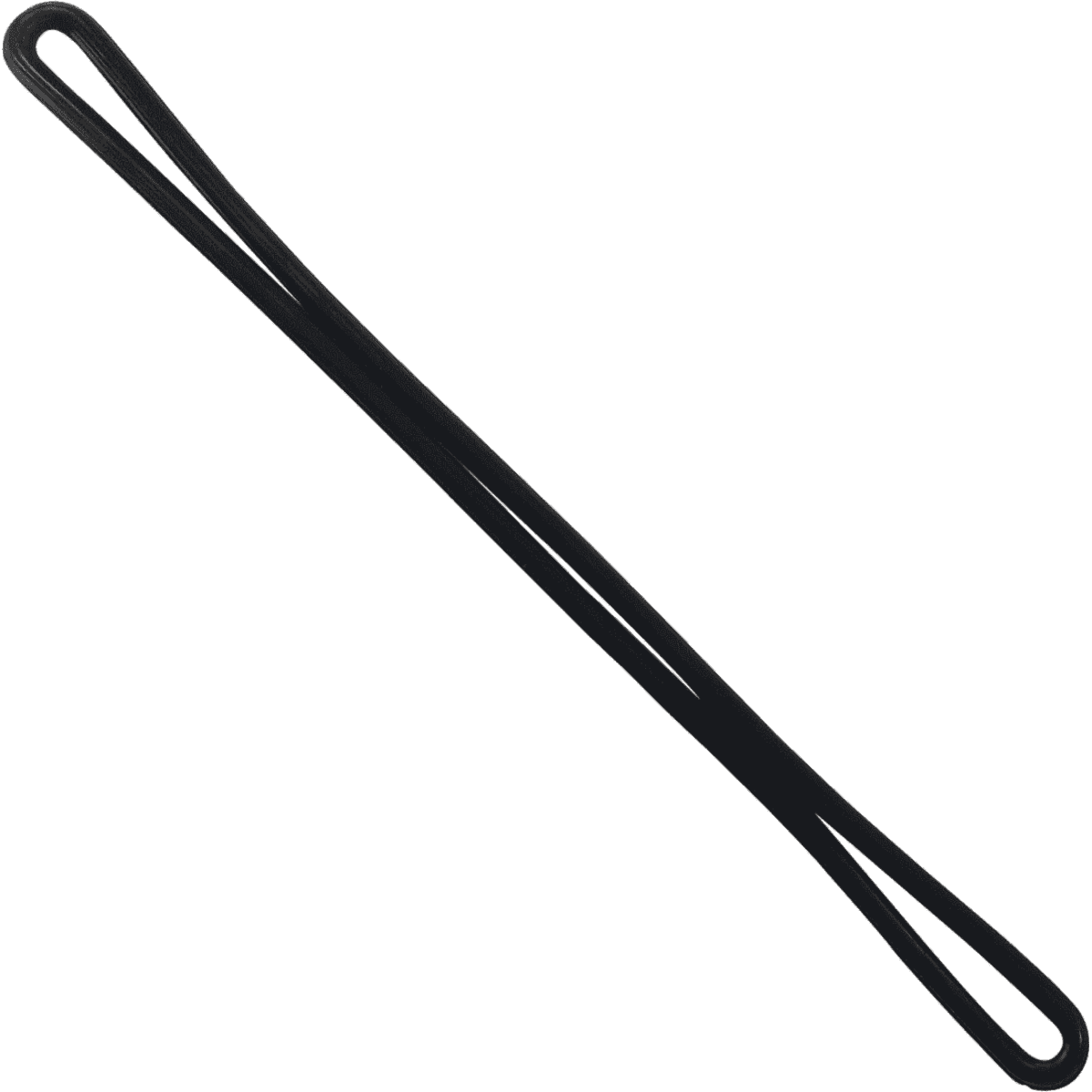 A black vinyl luggage loop with a simple elongated design, featuring a logo on one side.