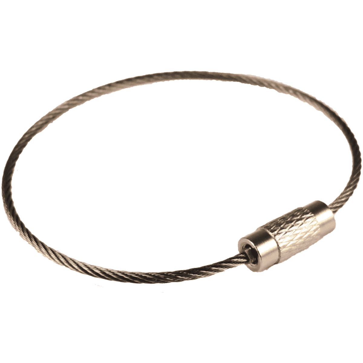 A metal loop made of braided wire with a secure fastening mechanism, ideal for luggage tags.