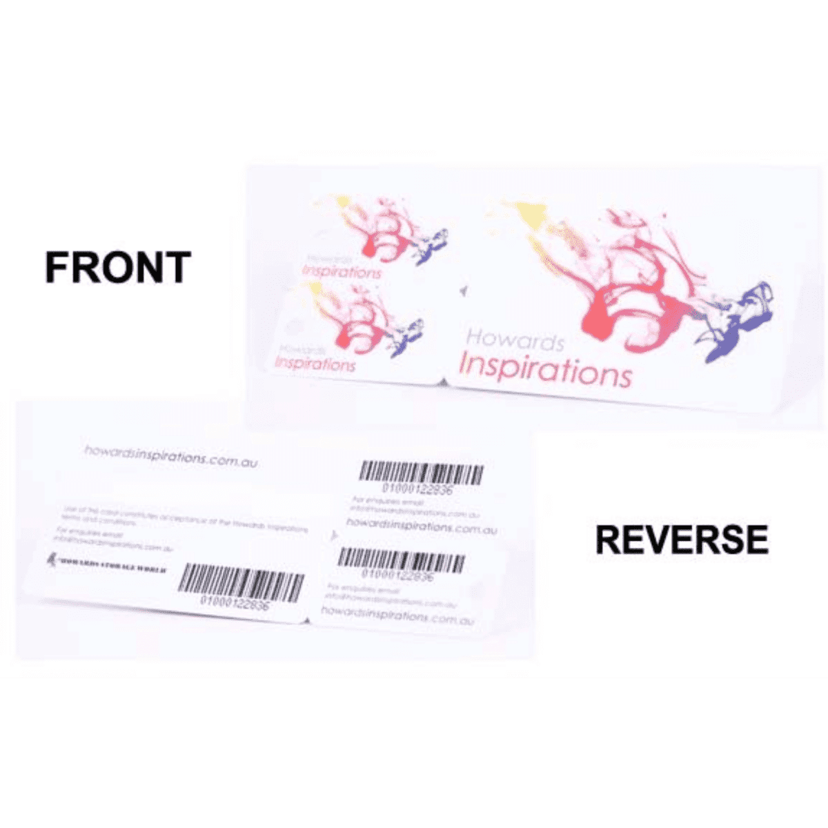PVC loyalty card featuring a colourful design with two key tags attached; includes a logo and information on both sides.
