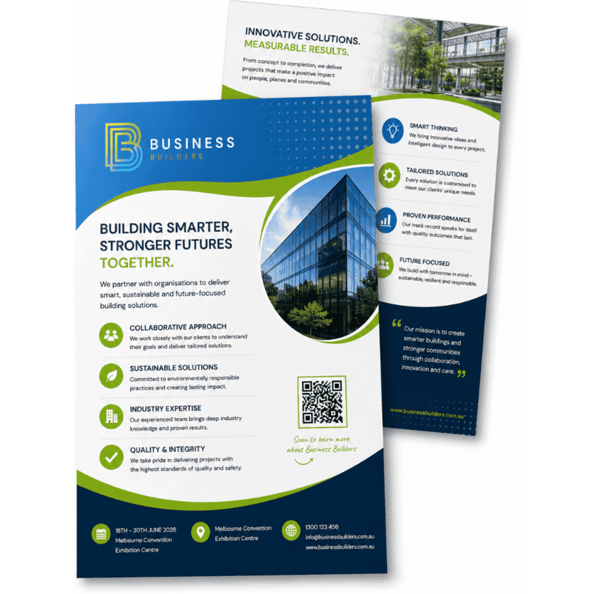 A double-sided A4 flyer in blue, green, and white featuring a logo and images of buildings.