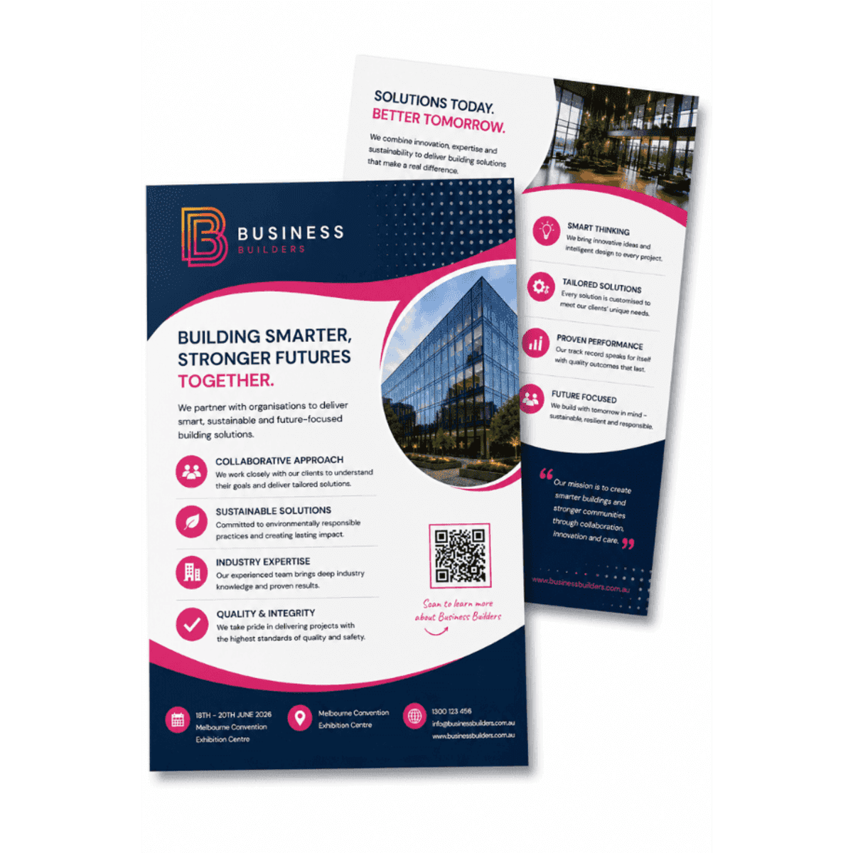 A double-sided A5 flyer featuring a glossy finish, predominantly in navy blue and pink, with a logo.