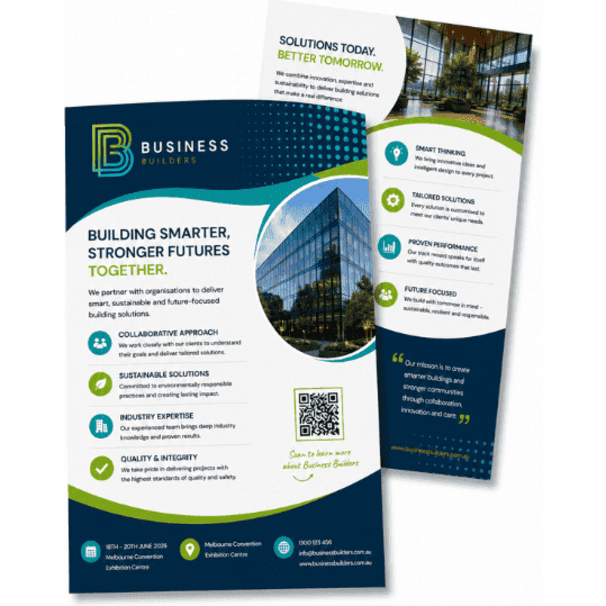 A double-sided A6 flyer in blue and green featuring a logo, promoting business solutions and collaboration.