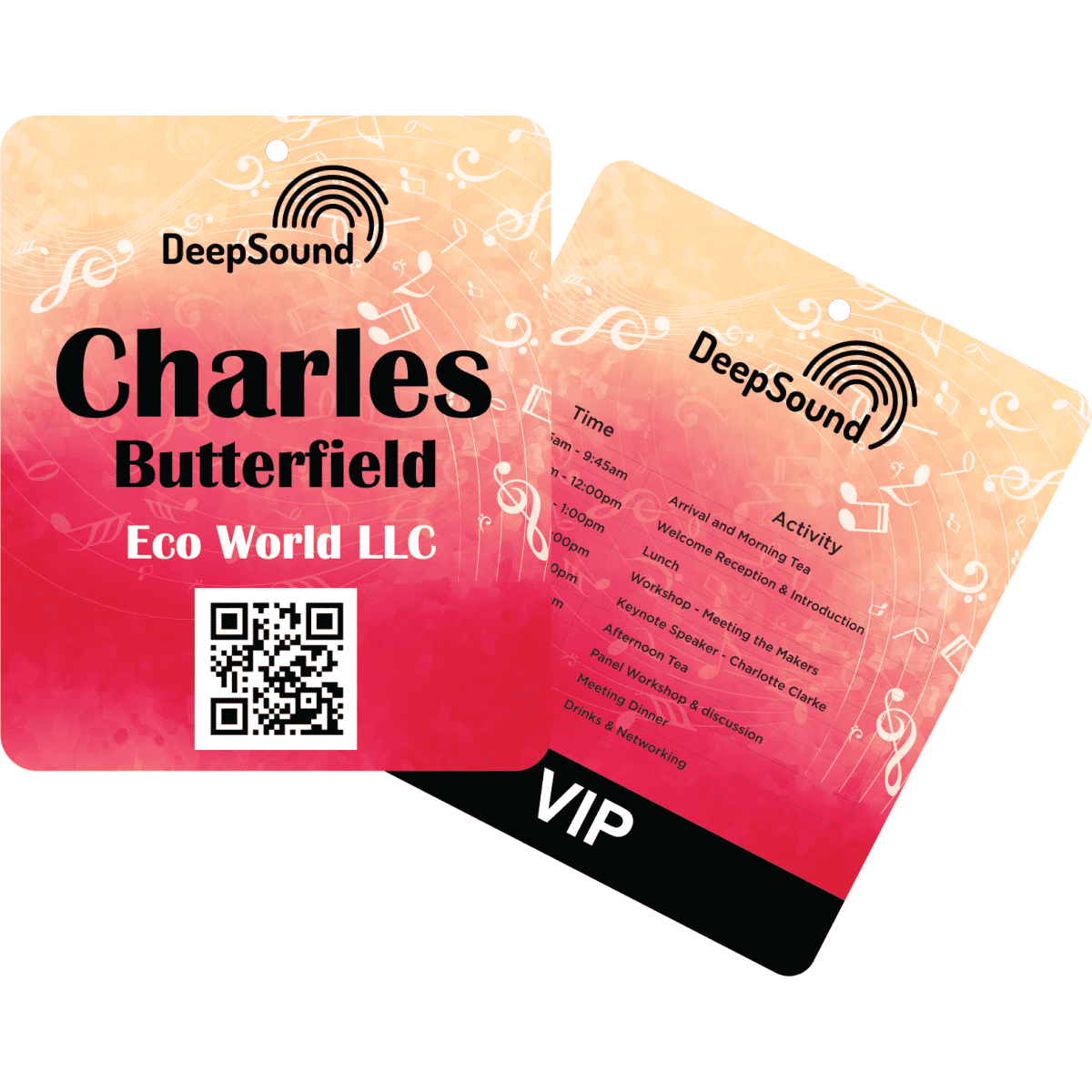 A vibrant red and pink VIP pass with a QR code and a logo, featuring text for an event and schedule details.
