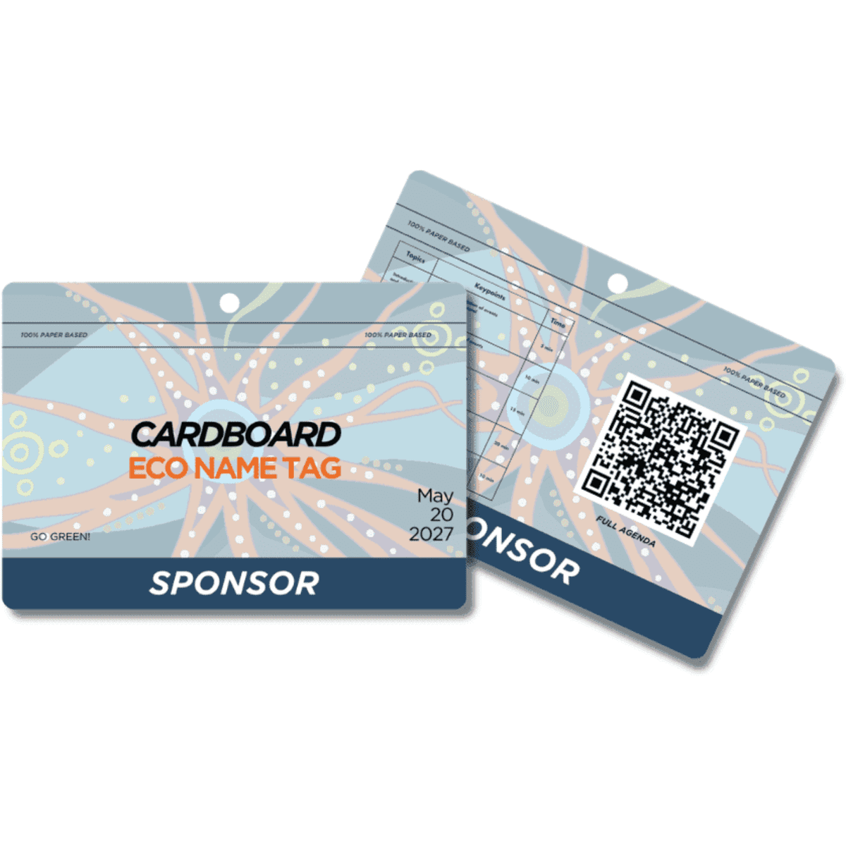 A cardboard eco tag in shades of blue and orange, featuring a hole for attachment and a logo.