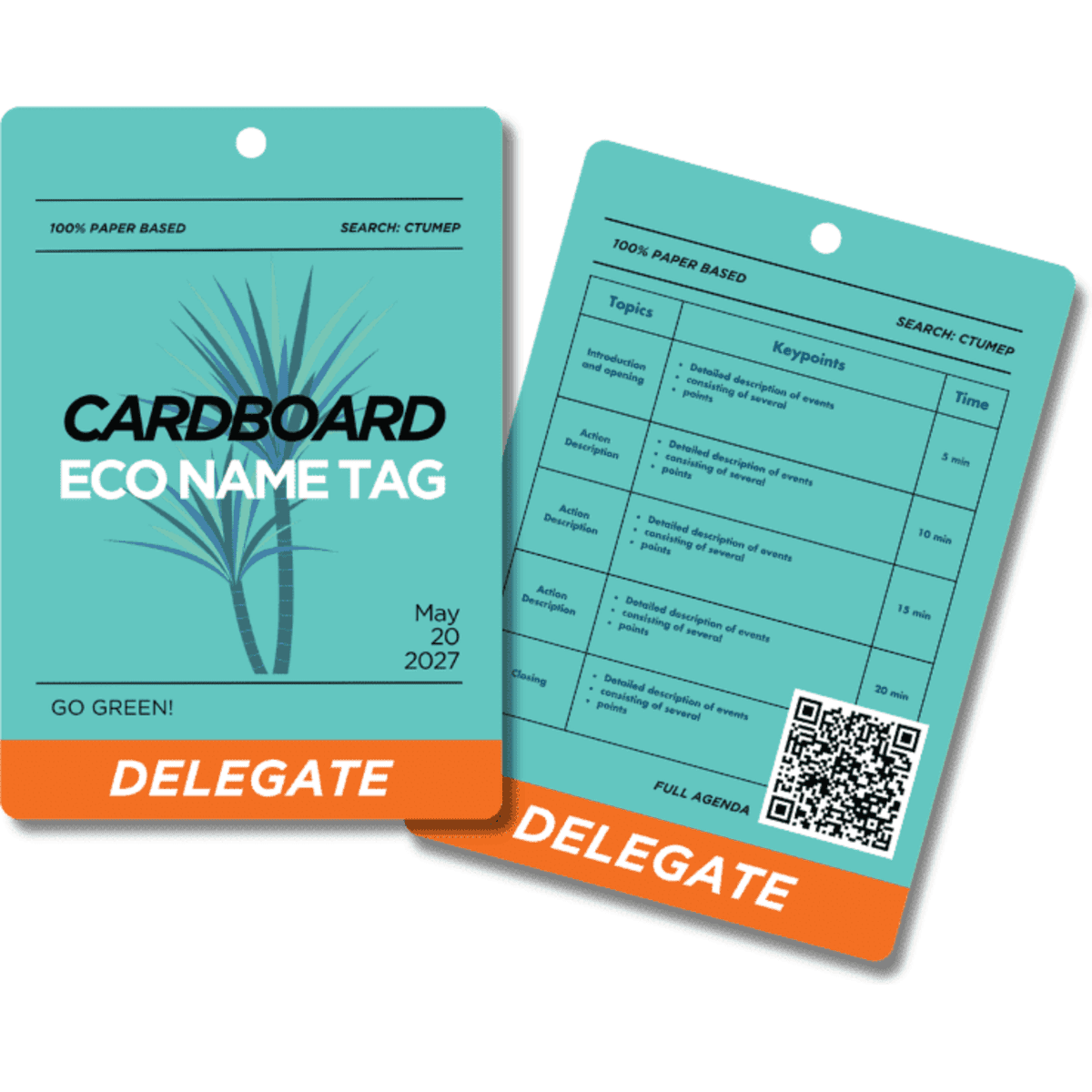 A cardboard eco tag in turquoise and orange, featuring a hole for attachment and a plant graphic. It has a branding logo.