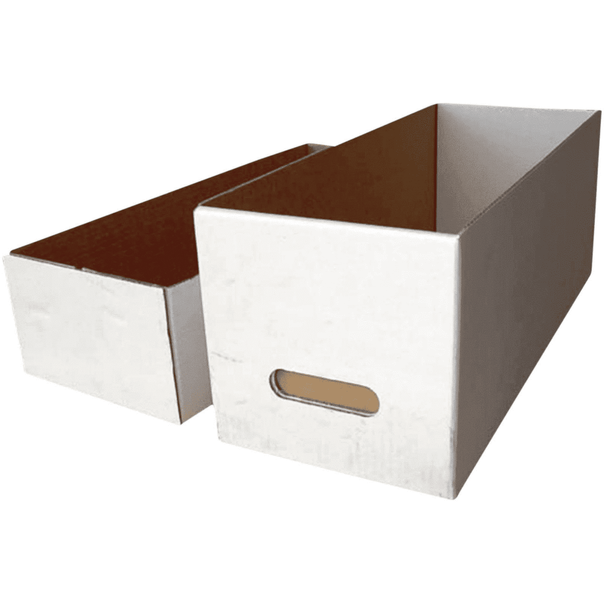 A white cardboard box with a cut-out handle, featuring an open design and a second partially inserted box.