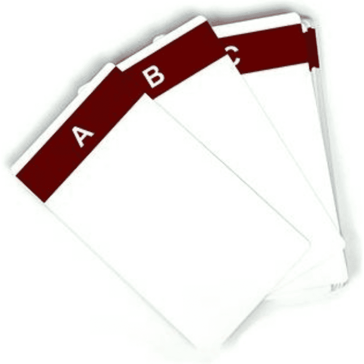 A set of A6 size indicators in white with red tabs labelled A, B, and C. Features a logo.