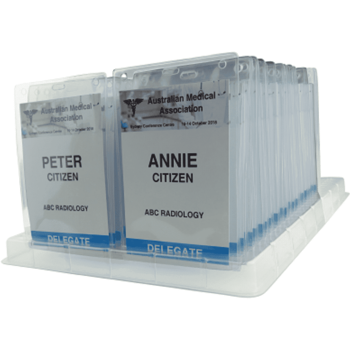 A plastic display storage rack featuring multiple name tag holders in clear and white colours.